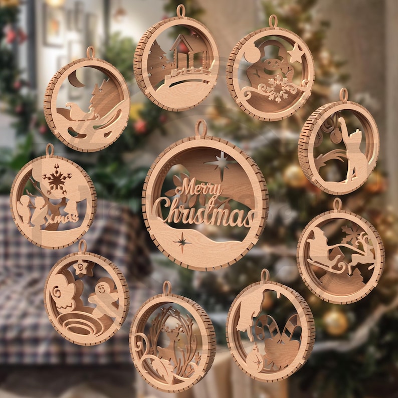 May include: A collection of nine wooden Christmas ornaments with various holiday-themed cut-out designs. The ornaments include images of Santa's sleigh, a snowman, a house, and the words "Merry Christmas". Each ornament has a circular shape.