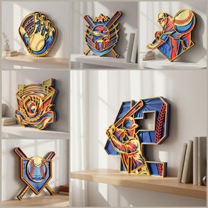 Puede incluir: Una colección de obras de arte de béisbol de madera en capas. Las piezas presentan un guante de béisbol, pelotas de béisbol, un bateador y logotipos de equipos. La paleta de colores incluye rojo, azul, amarillo y dorado, creando una estética vibrante.