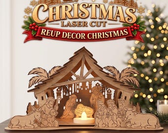 May include: A laser-cut wooden nativity scene featuring a stable structure with palm trees, silhouettes of figures including Mary, Joseph, the baby Jesus, and the three wise men, accompanied by a donkey and an ox, with a small LED tea light candle.