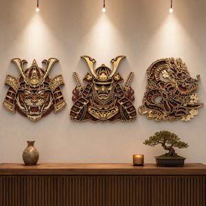 May include: Three layered wooden wall art pieces featuring a tiger head in a samurai helmet, a samurai warrior in armor with crossed swords, and a coiled dragon. The intricate carvings display natural wood tones with dark brown accents.