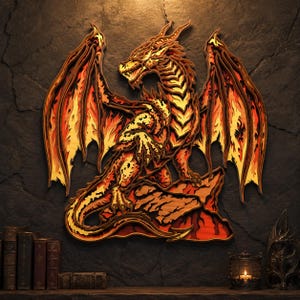 May include: A layered wooden dragon sculpture with a fiery color scheme. The dragon is posed with outstretched wings, featuring shades of orange, yellow, and brown. The artwork is mounted on a dark, textured background, creating a dramatic effect. The dragon is perched on a rock.