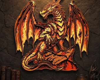 Art mural en couches dragon de feu, décoration fantastique en bois découpé au laser (téléchargement numérique)