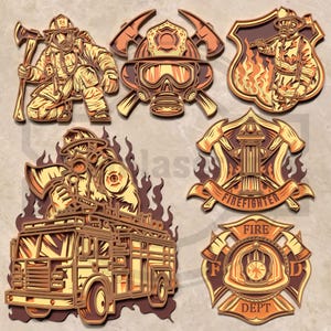 May include: A collection of layered wooden firefighter-themed designs in shades of brown, tan, and orange. The designs include a firefighter with an axe, a helmet with crossed axes, a shield with a firefighter, and a fire truck.