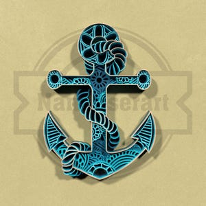 May include: A layered nautical-themed artwork featuring a detailed anchor design. The anchor is primarily teal with intricate patterns and a rope, set against a tan background. The artwork has a 3D effect, with the text "Nartserart" visible.