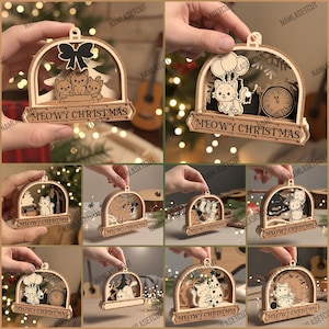 Pode incluir: Enfeites de Natal de madeira com desenhos de gatos. Cada enfeite apresenta uma cena única dentro de um arco decorativo, com as palavras "MEOWY CHRISTMAS" na base. Alguns designs incluem gatos com balões, relógios e árvores de Natal.