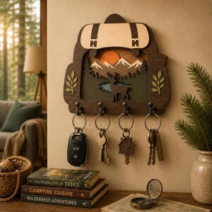 May include: A dark brown wooden wall-mounted key holder shaped like a backpack. The center features a layered mountain landscape with a deer, a sun, and pine trees. Four metal hooks hang below, holding various keys, including a car fob and a house charm.