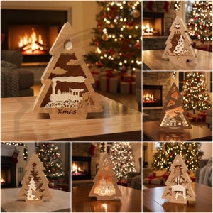 クリスマスツリー ライトボックス SVG バンドル、レーザーカット 3D ランタン (デジタルダウンロード)