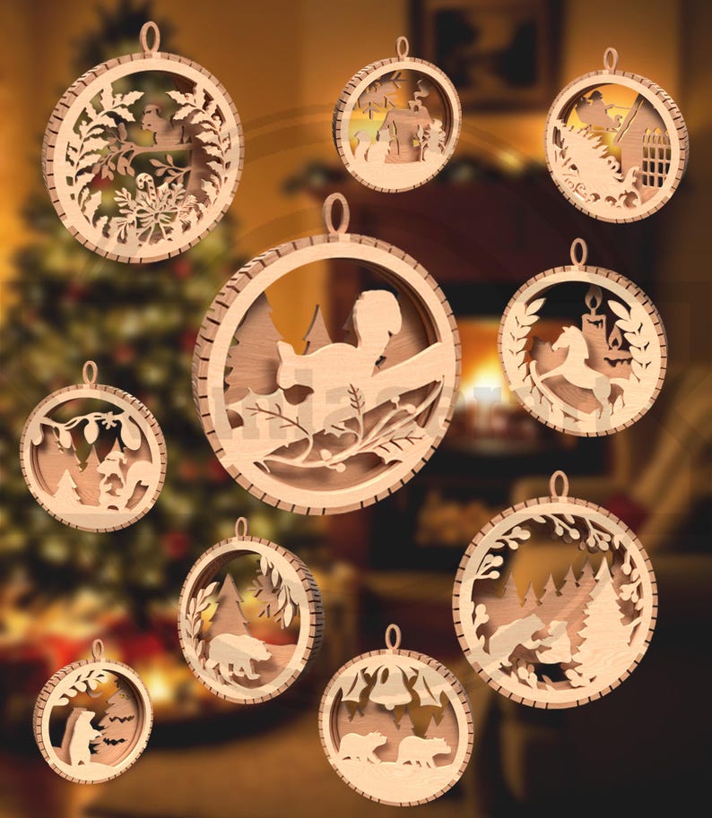 May include: A collection of nine wooden Christmas ornaments with various nature-themed cut-out designs. Each ornament is circular with a small loop for hanging. Designs include animals, trees, and winter scenes, all in natural wood tones.
