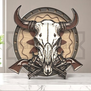 3D Layered Western Bull Skull SVG -  Cowboy Wall Art - Digital Download