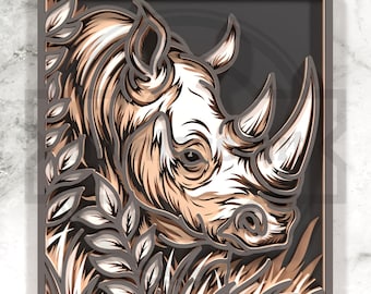 Rhino Head SVG – 3D Layered Forest Frame Laser Cut Wall Art - Digital Download