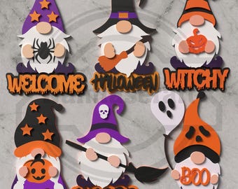 May include: A collection of six Halloween-themed gnome cutouts. Each gnome has a different hat and holds various Halloween symbols, such as a spider, pumpkin, and ghost. The words "WELCOME", "HALLOWEEN", "WITCHY", "BOO", "PUMPKINS", and "GHOSTED" are included.