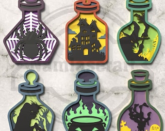 May include: A collection of six layered Halloween-themed potion bottle designs. Each bottle features a unique spooky scene, including a spider and web, haunted house, witch, zombie, cauldron, and graveyard. The bottles are in various colors, including purple, orange, green, and yellow.