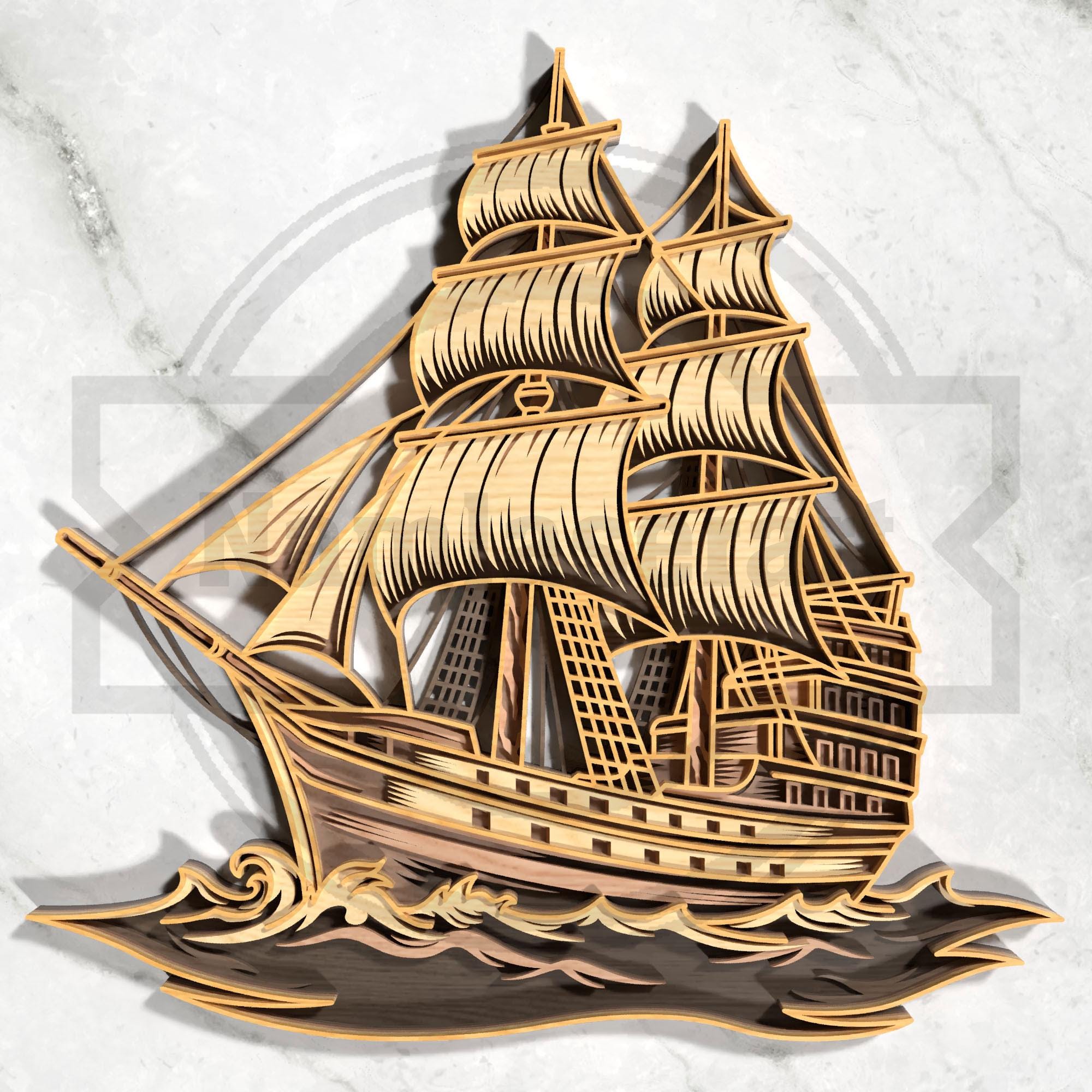 帆船SVG – 3Dレイヤード航海レーザーカットウォールアート – デジタル
