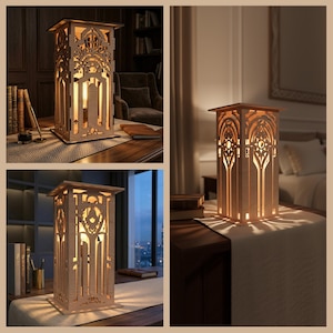 May include: A decorative wooden lamp with a rectangular shape and ornate cut-out patterns. The lamp emits a warm glow, highlighting the detailed designs. The lamp is placed on a wooden surface, creating a cozy atmosphere. The lamp's dimensions are approximately 30 cm in height.