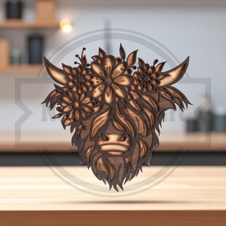 Puede incluir: Cabeza de vaca de las Tierras Altas de madera con corona floral. La talla de madera en capas presenta texturas detalladas y un acabado marr&oacute;n natural. Los cuernos y el pelaje de la vaca est&aacute;n intrincadamente tallados, con flores adornando la cabeza.