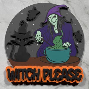 Puede incluir: Decoración temática de Halloween con una bruja removiendo un caldero, un gato negro y la frase "Witch Please". La bruja lleva una túnica y un sombrero morados. El fondo es gris oscuro con fantasmas flotantes.
