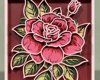 Arte mural de rosas SVG: Diseño de caja de sombras cortada a láser en capas - Descarga digital