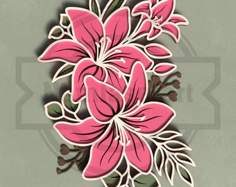 Flor de lirio SVG: Diseño floral cortado a láser en capas - Descarga digital