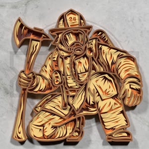 May include: A layered wooden art piece depicting a firefighter kneeling, holding an axe. The artwork features shades of brown and tan, with the number 24 on the helmet. The firefighter is wearing a protective suit and breathing apparatus.