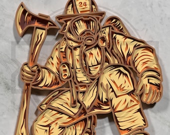 May include: A layered wooden art piece depicting a firefighter in full gear, kneeling and holding an axe. The artwork features shades of brown and tan, with the number 24 on the helmet. The style is a 3D layered design.