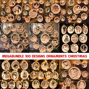 May include: A collection of wooden Christmas ornaments with various designs, including winter scenes, animals, and holiday messages. The ornaments are round and feature intricate cut-out details. The text "MEGABUNDLE 100 DESIGNS ORNAMENTS CHRISTMAS" is displayed.