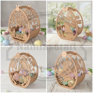 Può includere: Quattro cesti in legno a forma di uovo di Pasqua con disegni tagliati al laser. Ogni cesto presenta un manico, ritagli di coniglietti e fiori e contiene uova di Pasqua colorate. I cesti sono in legno chiaro e sono adatti per le decorazioni pasquali.