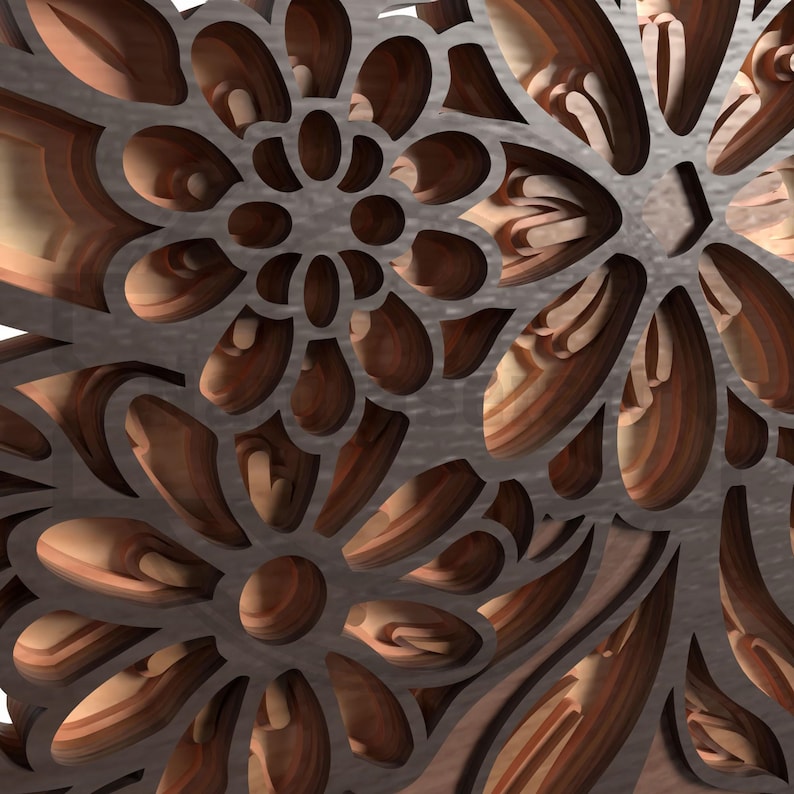 Puede incluir: Primer plano de un panel decorativo de madera con un dise&ntilde;o floral. El panel presenta un efecto en capas con un marco exterior gris oscuro y intrincados patrones recortados que revelan la c&aacute;lida veta natural de la madera. La madera tiene tonos marrones y beige.