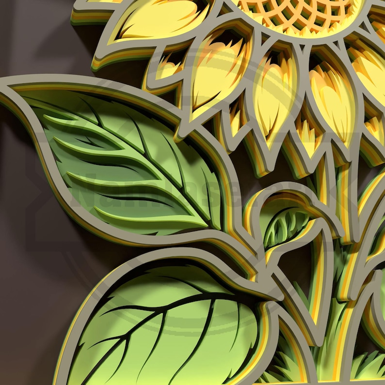 Puede incluir: Una obra de arte en papel en capas que presenta un girasol con p&eacute;talos amarillos y hojas verdes. La obra de arte tiene un efecto 3D con m&uacute;ltiples capas, creando profundidad y dimensi&oacute;n. El girasol est&aacute; sobre un fondo marr&oacute;n.