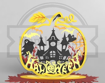 3D warstwowa scena dyniowa na Halloween w formacie SVG – plik do cięcia laserowego do drewna o grubości 3 mm