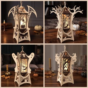May include: A set of four decorative wooden lanterns featuring intricate laser-cut Halloween designs. Each lantern displays unique silhouettes including skulls, bats, spiders, cauldrons, ghosts, and pumpkins, illuminated from within by a warm light source.