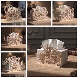 Puede incluir: Una colección de cajas decorativas para pañuelos de papel. Cada soporte está hecho de madera marrón claro y presenta intrincados diseños florales recortados. Las cajas de pañuelos son blancas.
