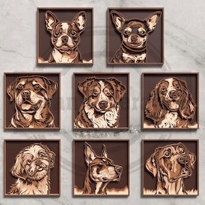 May include: Seven framed dog portraits in shades of brown and tan. Each portrait features a different breed, including a Boston Terrier, Chihuahua, Rottweiler, and others. The artwork is layered, creating a 3D effect within the square frames.