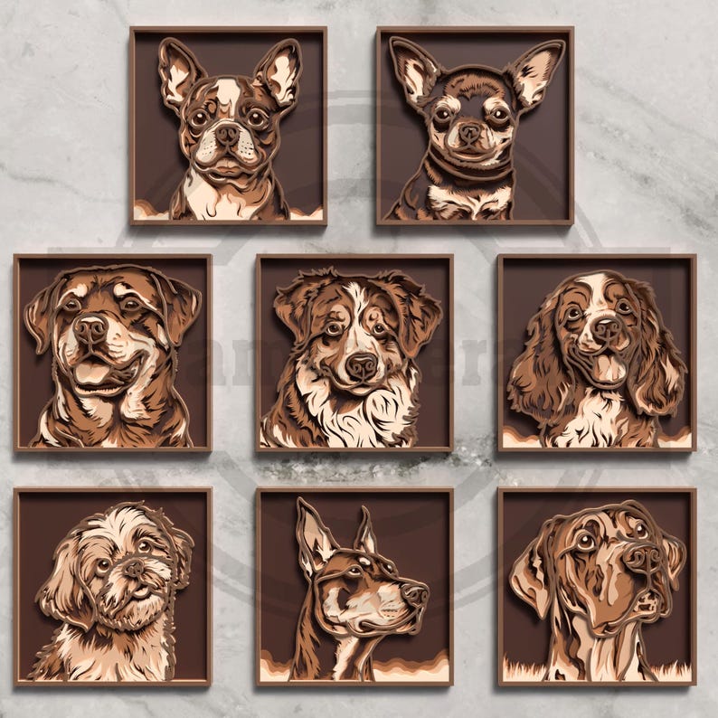 May include: Seven framed dog portraits in shades of brown and tan. Each portrait features a different breed, including a Boston Terrier, Chihuahua, Rottweiler, and others. The artwork is layered, creating a 3D effect within the square frames.