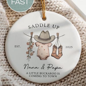 Western Baby Announcement Ornament Personalized Cowboy Pregnancy Reveal for Grandparents Christmas Ornament Expecting Parents Keepsake
