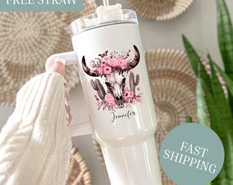 Personalized Floral Western Highland Cow 40oz  Tumbler with Handle, Farmhouse Drinkware, Scottish Cattle Lover, Country Girl Gift