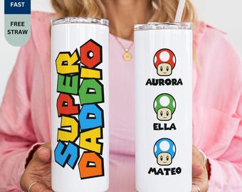 Personalized Retro Super Daddio Tumbler, Custom Kids Name Video Game Daddy Drinkware, Gamer Dad Gift from Children, Father's Day Gift