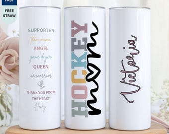 Personalized Hockey Mom Tumbler with Straw, Custom Name Skinny Drinkware, Sport Mom Life Travel Cup, Team Mom Gift, Gift for Mother