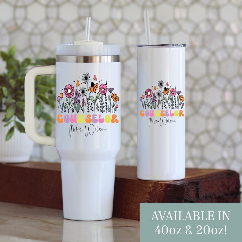 Personalisierte Floral School Counselor 40 Unzen Becher mit Griff, benutzerdefinierter Name Therapeut Reisebecher, Jahresende Geschenk Bild 2