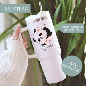 Personalized Floral Sakura Panda 40oz  Tumbler with Handle, Custom Name Kawaii Panda Cup, Animal Lover Gift, Birthday Gift for Her