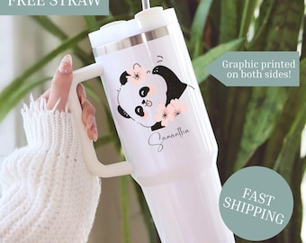 Personalized Floral Sakura Panda 40oz  Tumbler with Handle, Custom Name Kawaii Panda Cup, Animal Lover Gift, Birthday Gift for Her