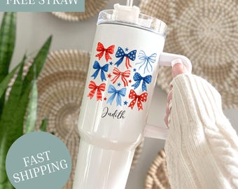 Personalized Patriotic Coquette 40oz  Tumbler with Handle, Custom Name USA Bow Cup, Red White Blue Ribbon 4th of July Gift