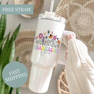 Personalized Floral Pharmacist 40oz  Tumbler with Handle, Custom Name Pharmacy Staff & Technician, Appreciation Gift for Her