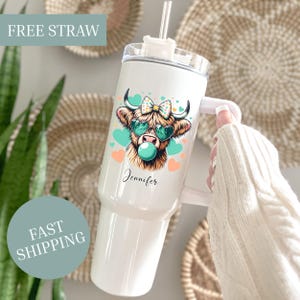 Personalized Bubblegum Coquette Western Highland Cow 40oz  Tumbler with Handle, Farmhouse Scottish Cattle Lover, Country Girl Gift