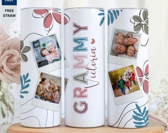 Personalisierter Foto Grammy Becher, individueller Name Blumen Oma Trinkgefäß, Familienfoto Reisetasse, Geschenk von Enkelkindern, Geschenk für Mutter