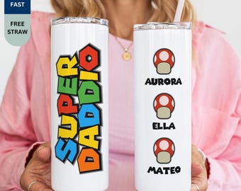 Personalized Retro Super Daddio Tumbler, Custom Kids Name Video Game Daddy Drinkware, Gamer Dad Gift from Children, Father's Day Gift
