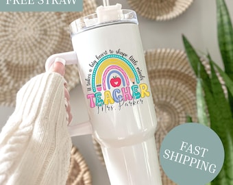Personalized Rainbow Teacher 40oz  Tumbler with Handle, Custom Name Educator Appreciation Gift, End of Year & Back to School Gift