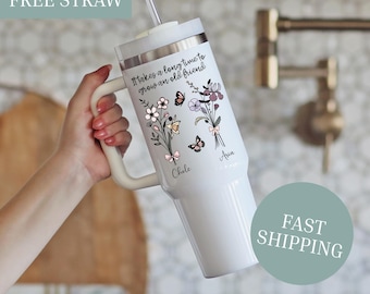 Personalized Birth Flower Best Friend 40oz  Tumbler with Handle, Custom Name Friendship Quote Matching Cup, BFF Birthday Gift