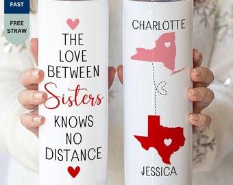 Personalized Sister Tumbler with States Map, Custom Name Long-Distance Bestie Drinkware, Moving Away Gift, BFF Birthday Gift for Her