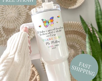 Personalisierter Autismus-Lehrer 40 Unzen Becher mit Griff: Benutzerdefinierter Name Spezialpädagogik-Lehrer Puzzle Butterfly Awareness Travel Cup mit Strohhalm