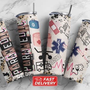 Paramedic Tumbler 20oz Skinny Cup with Straw, EMS EMT Gift for First Responder, Medical Ambulance Floral Grunge Paramedic Appreciation Cup